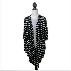 Anne‎ Klein Sweater Womens Small Open Front Hooded 3/4 Sleeve Black White Stripe